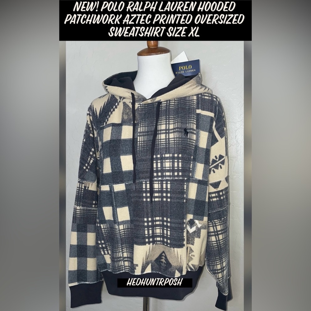 New! Polo Ralph Lauren Hooded Patchwork Aztec Print Oversized Sweatshirt Size XL